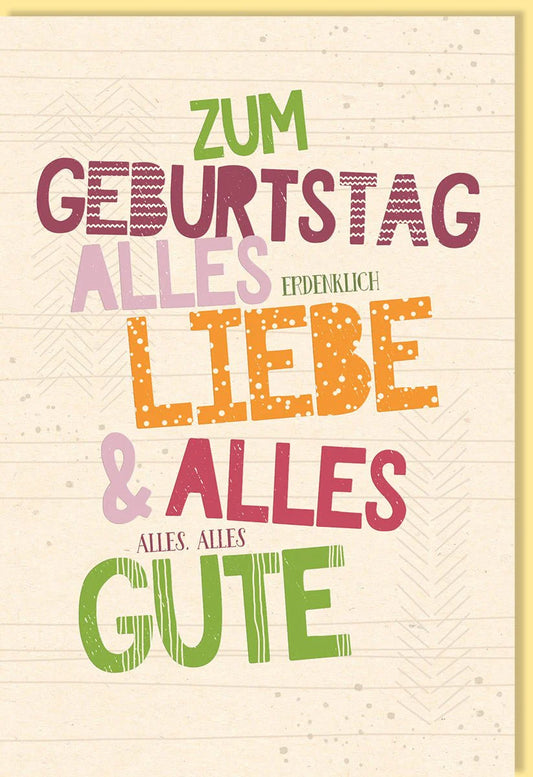 Geburtstagskarte : Grußkarte aus Bagassepapier, Bunte Typografie, Hochwertiges Design für Freunde & Familie, Neutral Beige